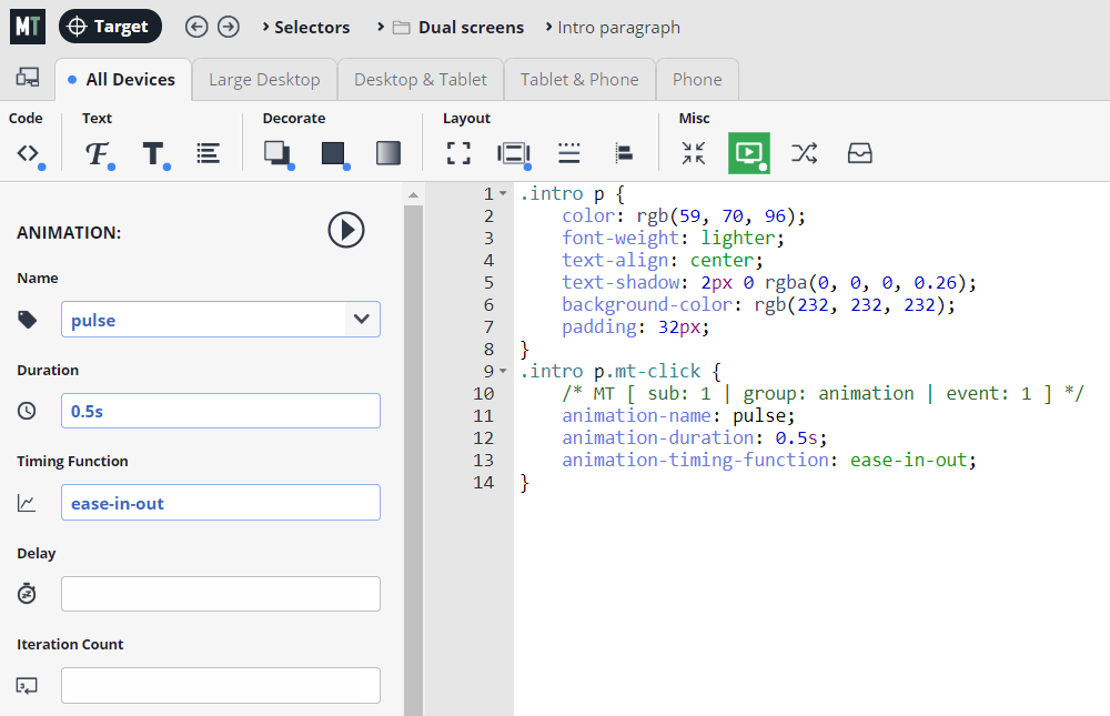 This image is showing a set of code that is used to style an introductory paragraph on a website, with different settings for different devices.